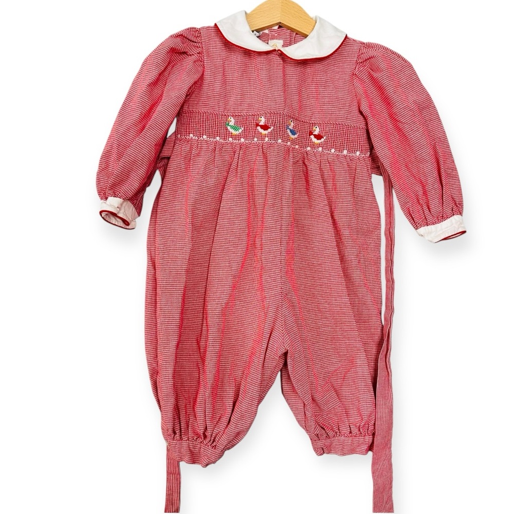 Anavini Red Gingham Smocked Bubble Romper Long Sleeve Holiday Ducks Size 2T